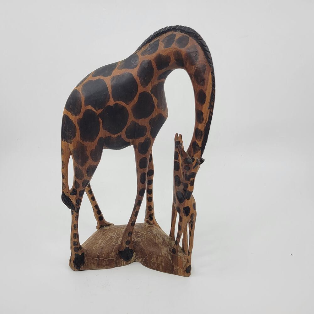 Vintage 11.5" Hand Carved Wood Giraffe, Mother and Calf Made in Kenya Sculpture